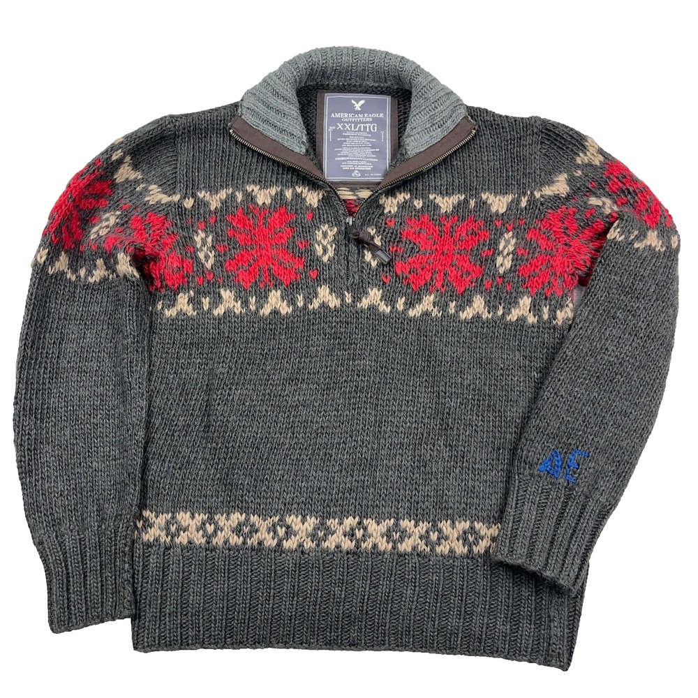 Vintage American Eagle Sweater Men XXL 2XL Gray Wool Heavy Bulky Knit Nordic